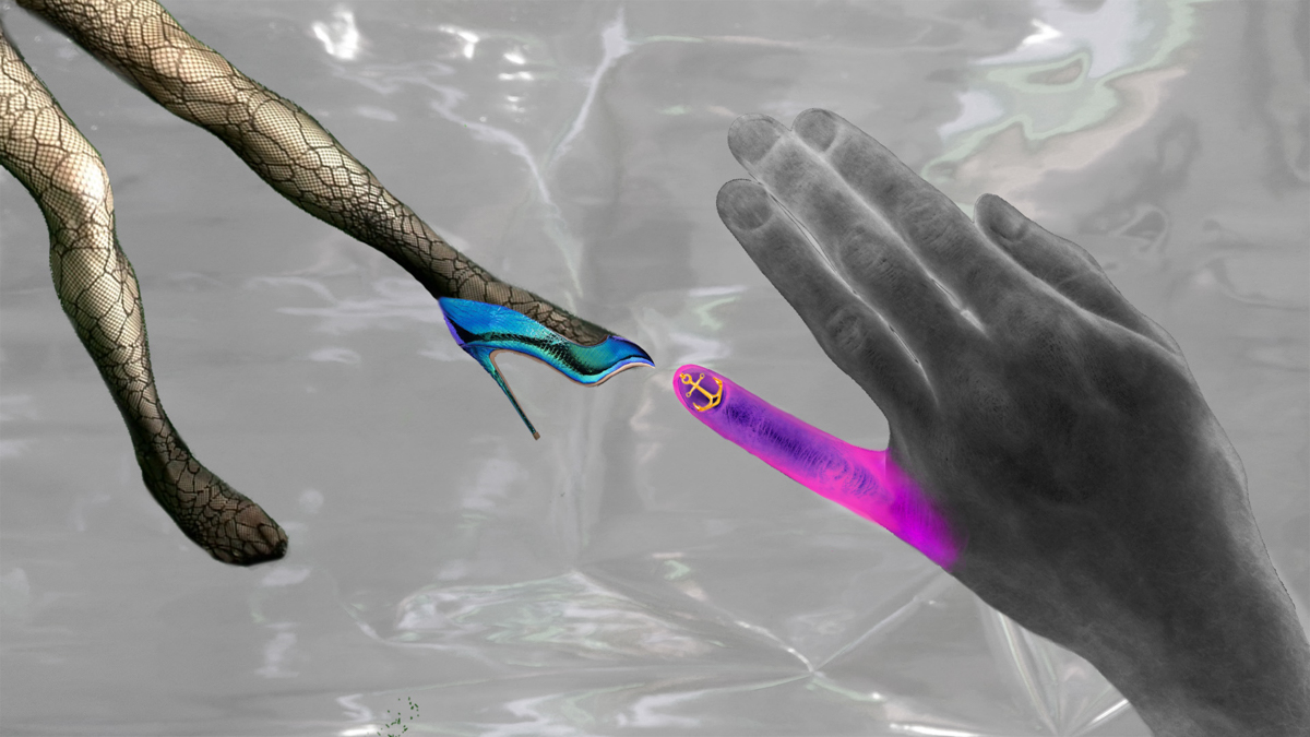 A pink pinkie finger with a golden anchor on its nail is stretching out to the tip of a blue fish scale look high heel on a leg coming from the opposite corner then the hand. The general composition strongly refers to Michelangelos "The Creation of Adam".